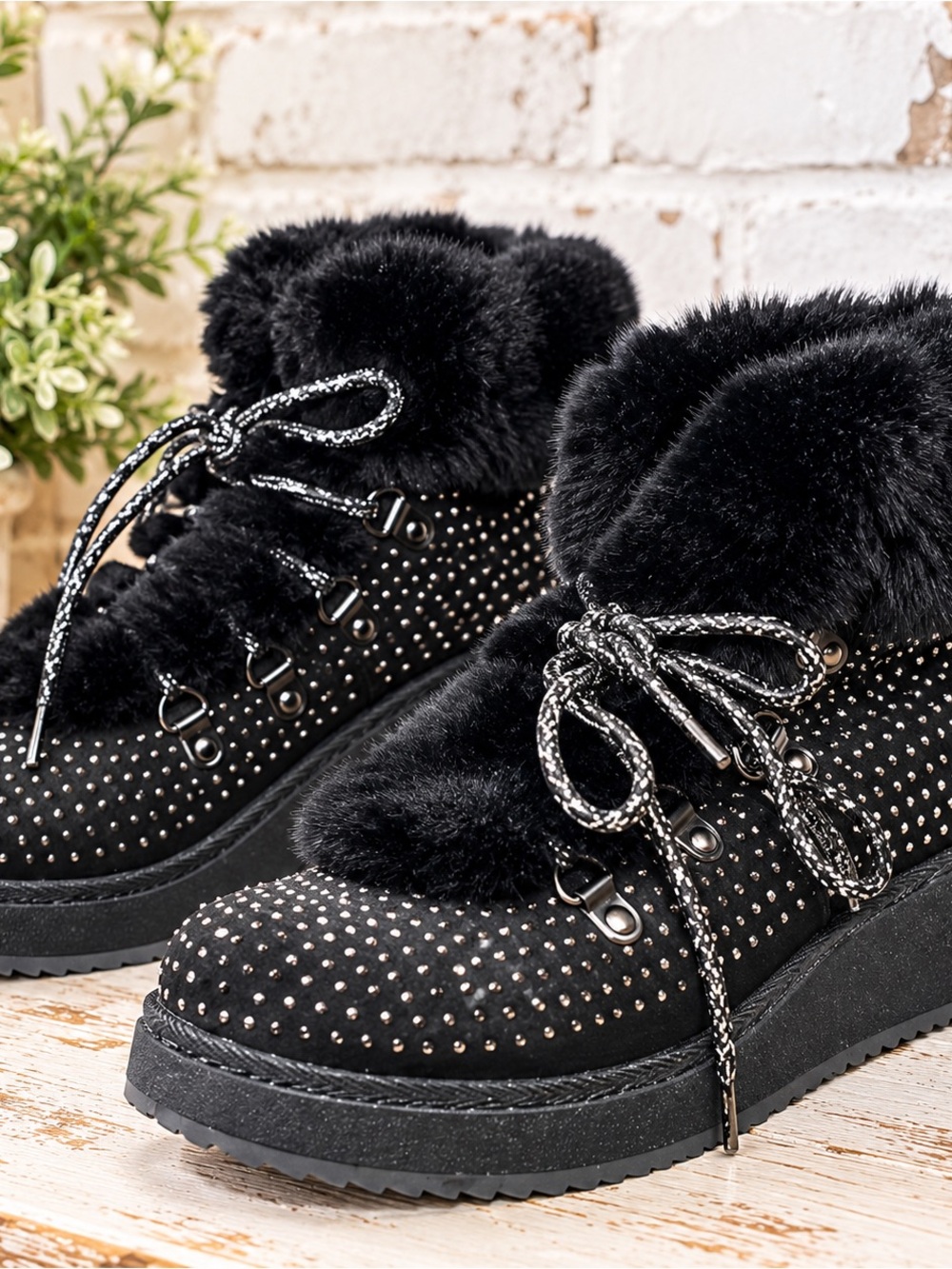 SUGAR Parrka Boots Women 7 Black Faux Fur Rhinestone Wedge Y2K E-Girl Whimsigoth